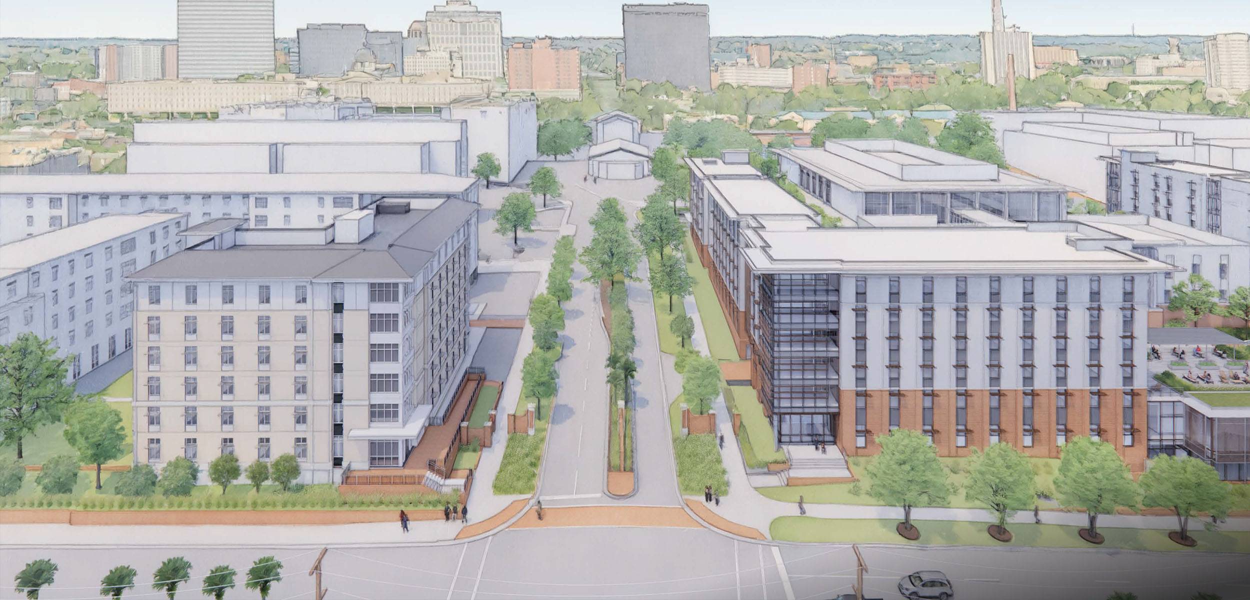Architectural rendering of a redesigned university housing district along Sumter Street, featuring two modern mid-rise residence halls on either side of a tree-lined boulevard, pedestrian walkways, landscaped green spaces, and outdoor gathering areas, with the city skyline visible in the background.