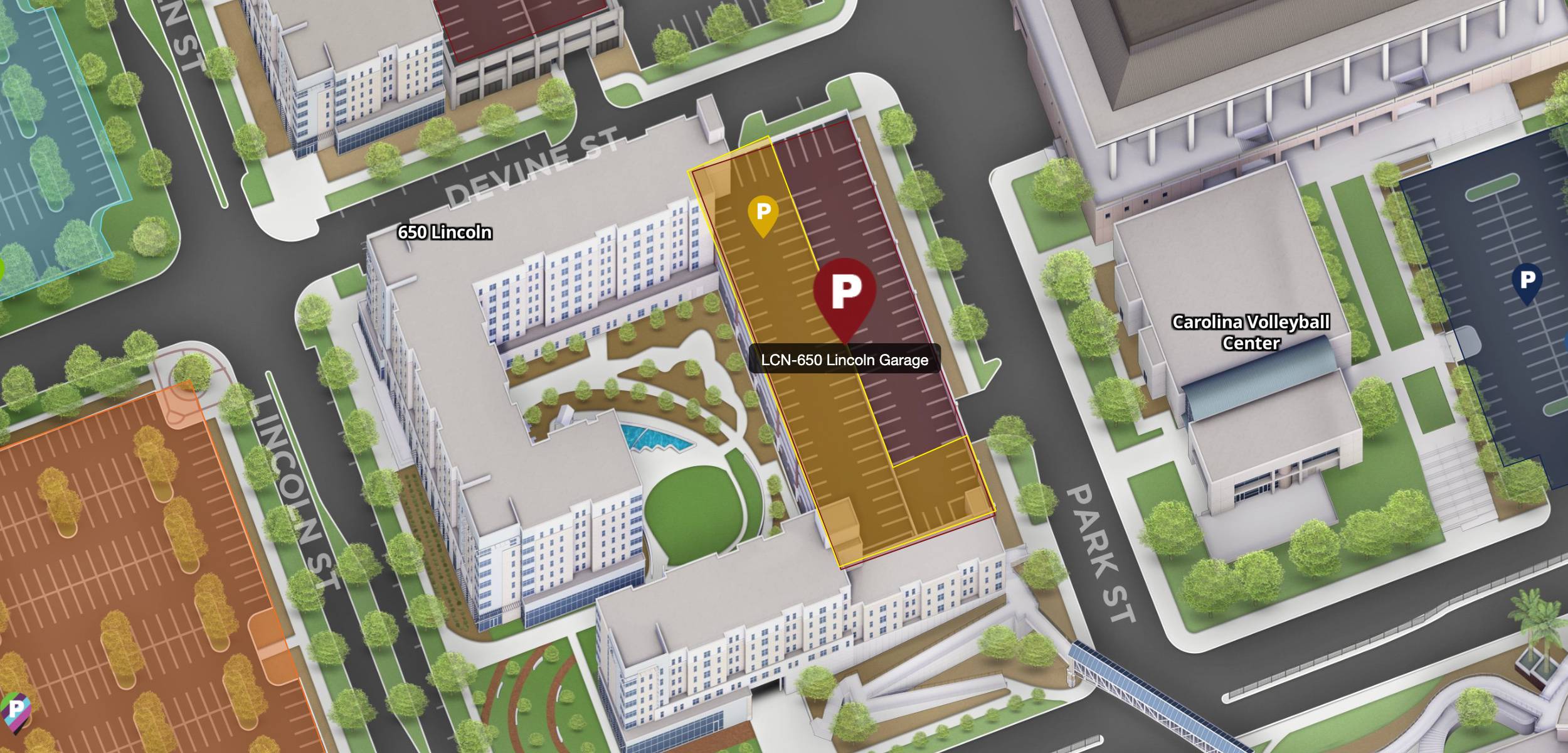 USC campus map with 650 Lincoln Garage highlighted.