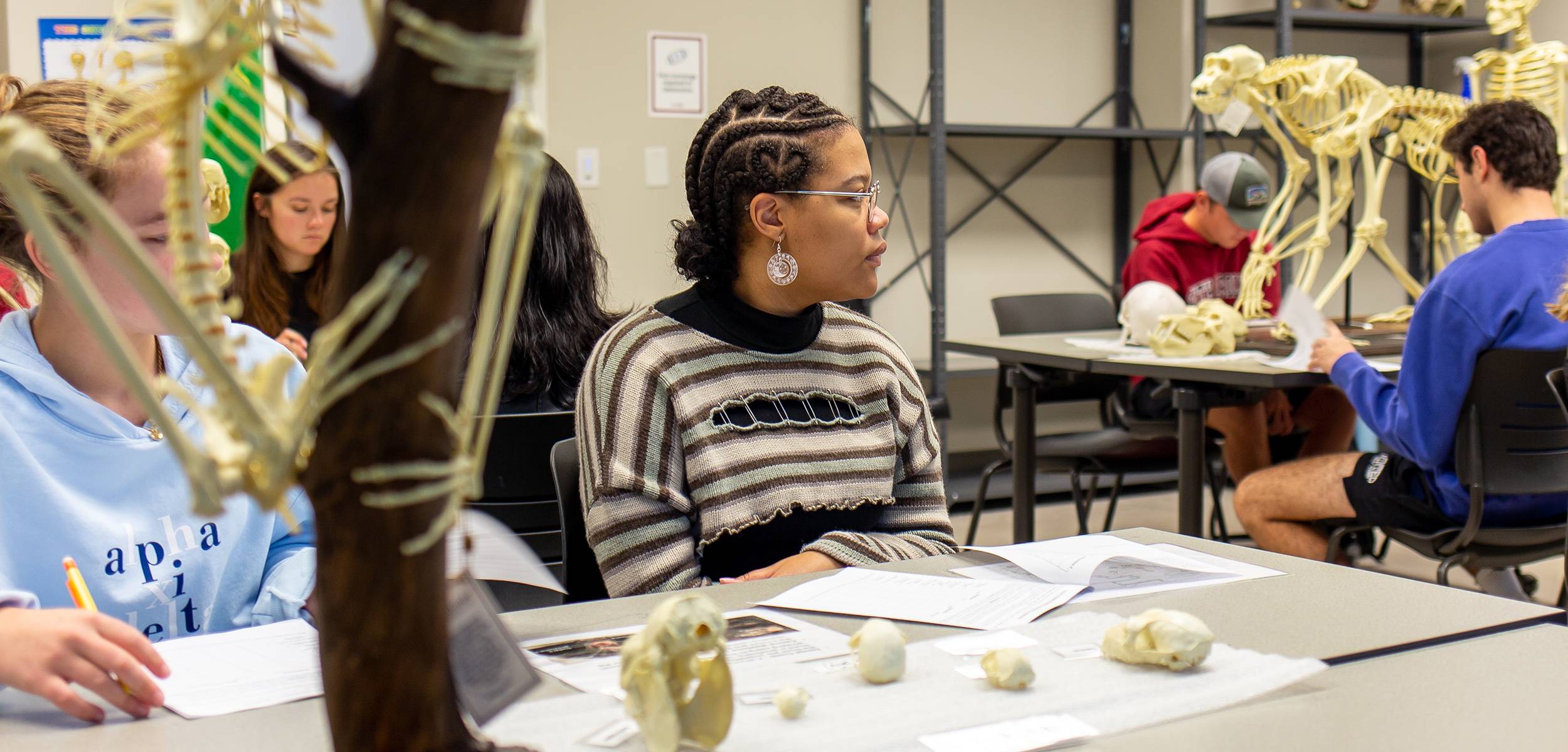 Anthropology lab discussion with students and bone specimens in the background.