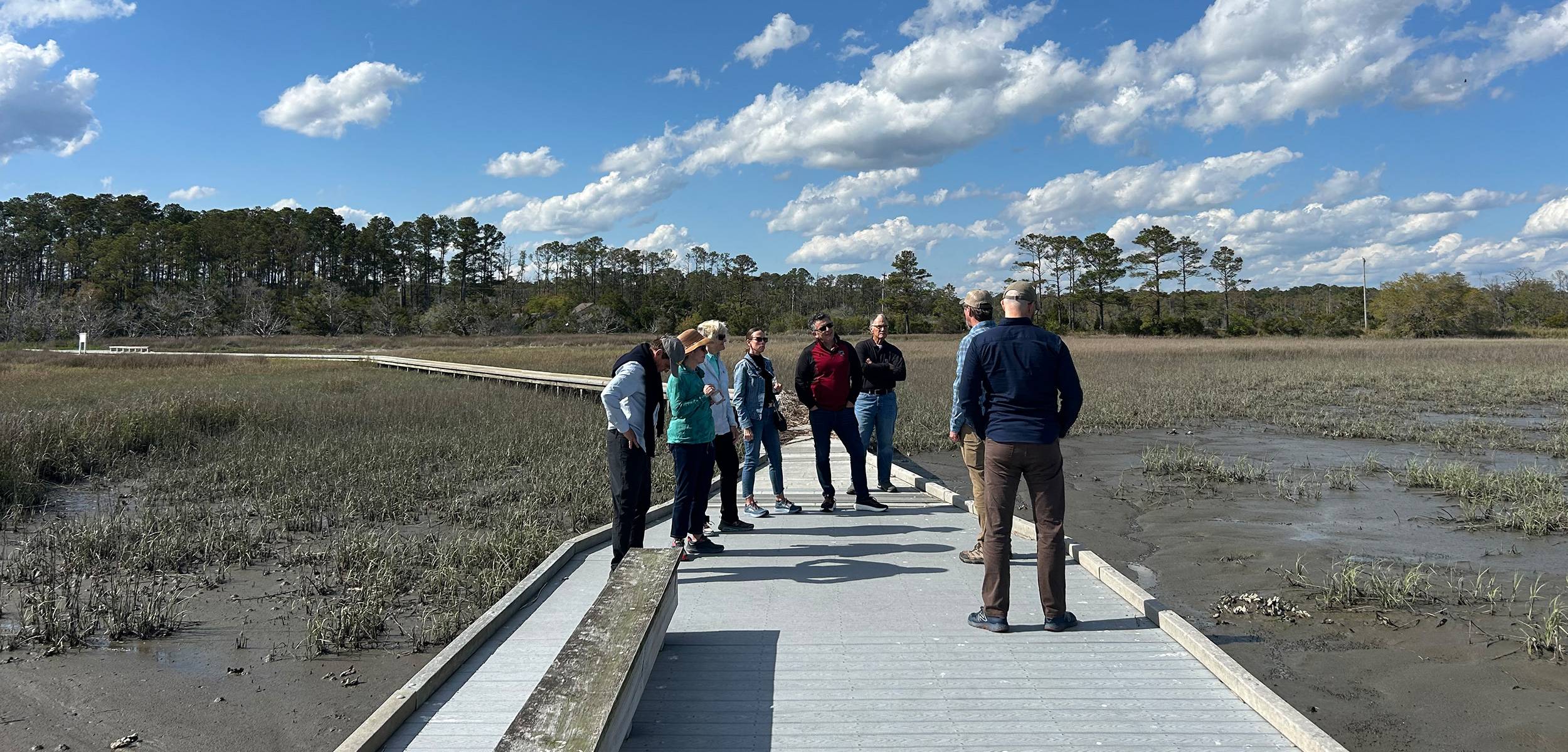 A group of visitors and researchers standing on a boardwalk overlooking the marsh at Hobcaw Barony during a guided coastal ecology tour.