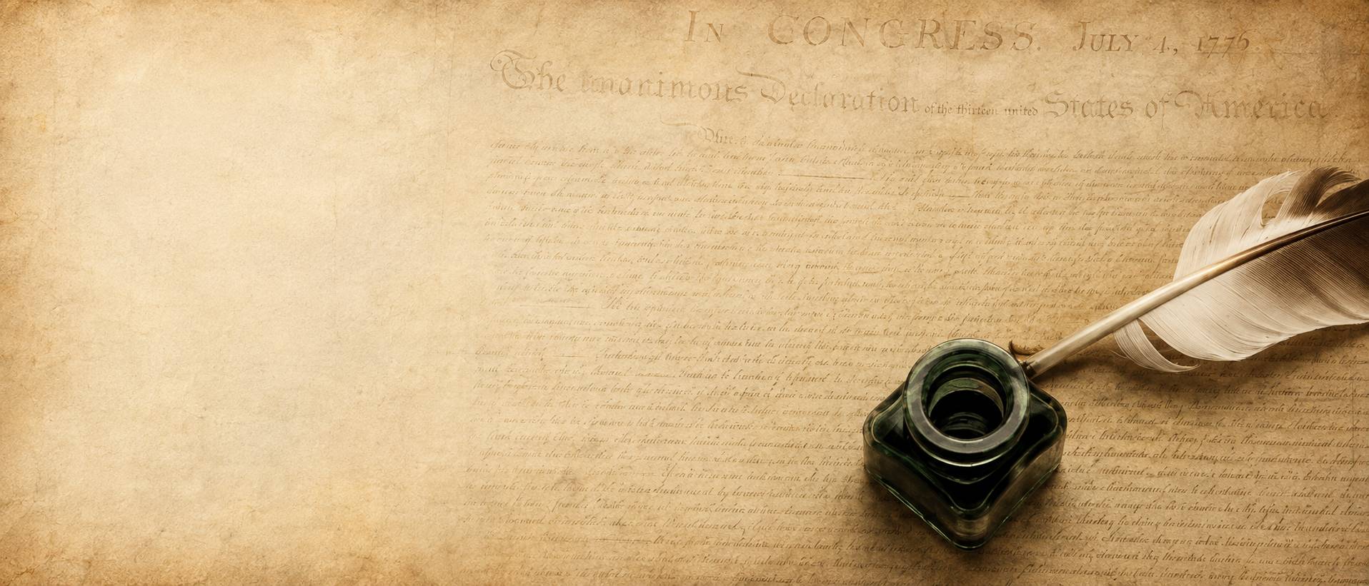 Historic-style image of the Declaration of Independence with a quill pen and inkwell on aged parchment.