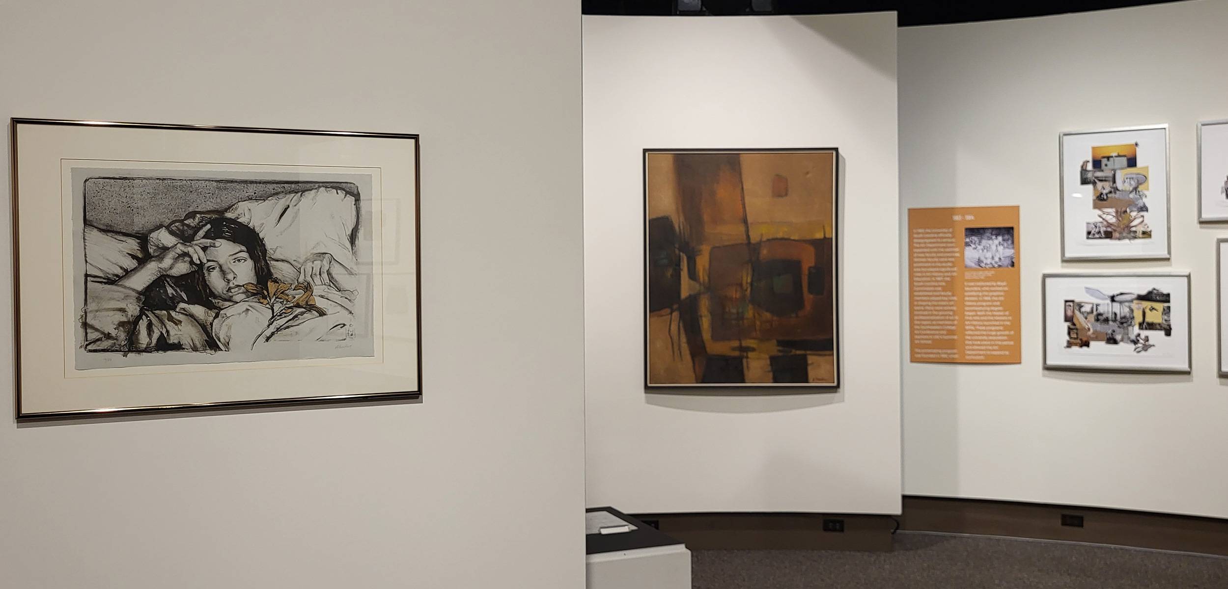 Gallery wall displaying framed artworks, including a figurative drawing, an abstract painting and exhibition text.