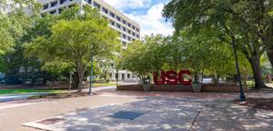Large red USC letters displayed in a landscaped plaza outside a campus building, with mature trees providing shade and a pedestrian walkway leading through the foreground.
