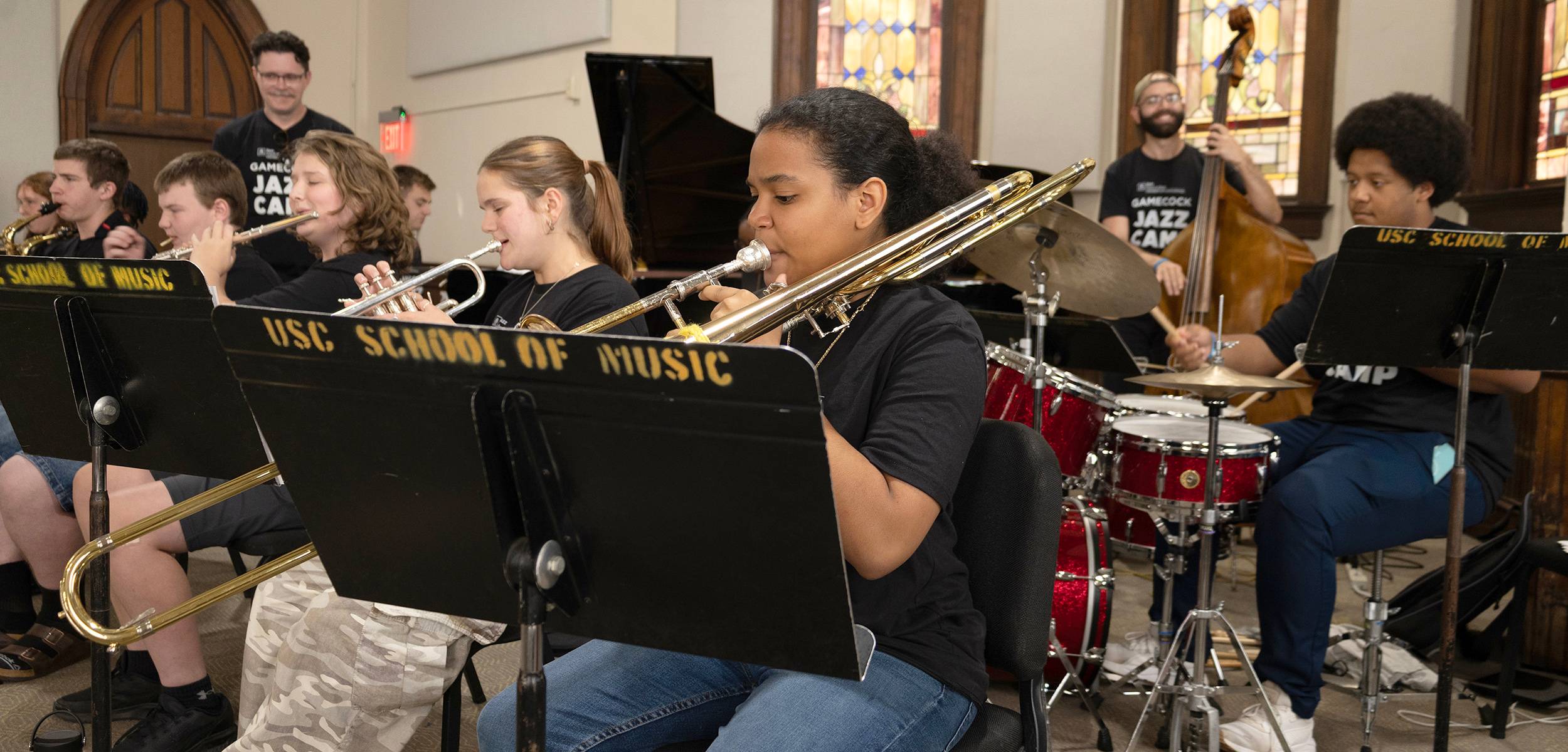 Gamecock Jazz Camp musicians rehearsing under the direction of Dr. Colleen Clark.