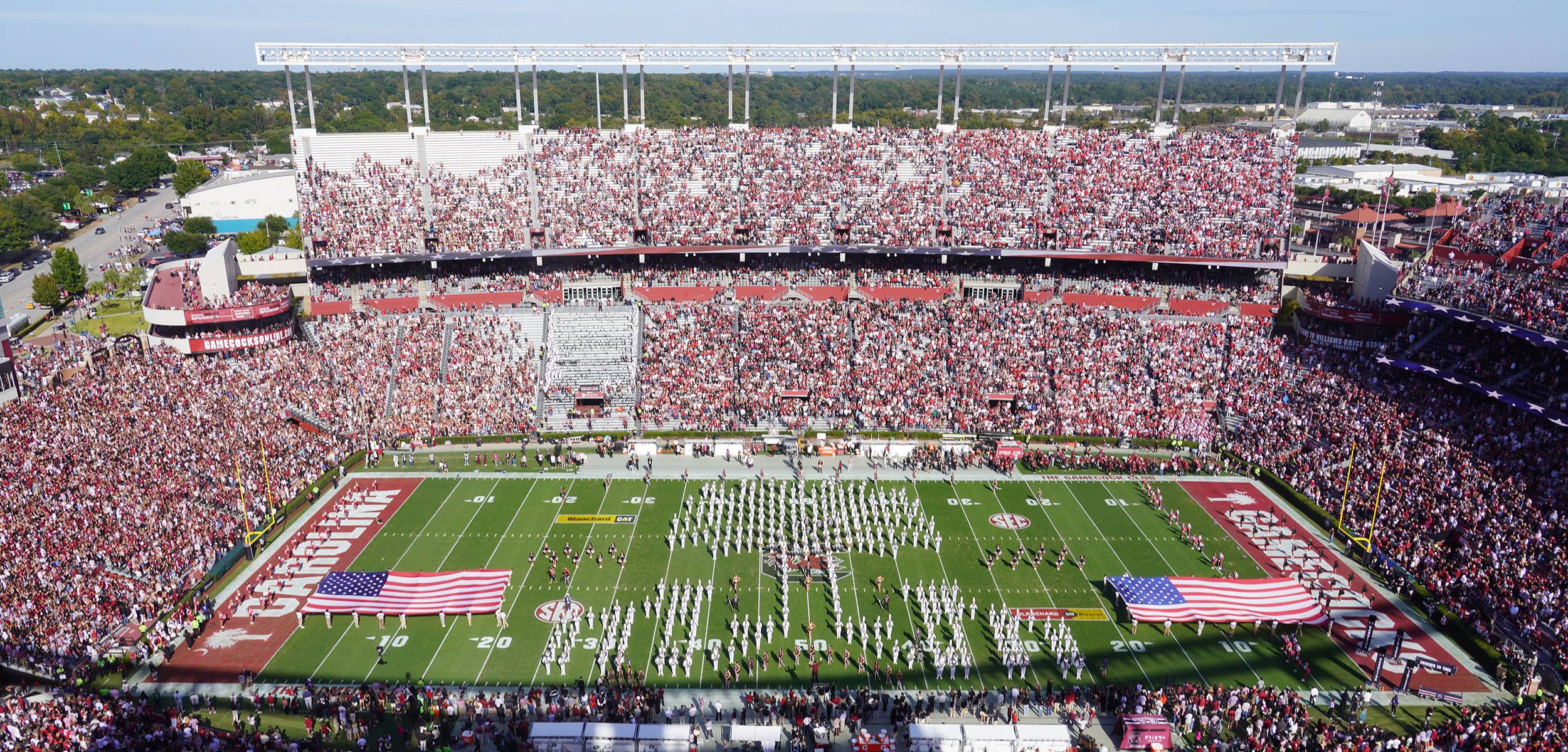 A birdseye view of the Carolina Band in formation on Williams-Brice playing field