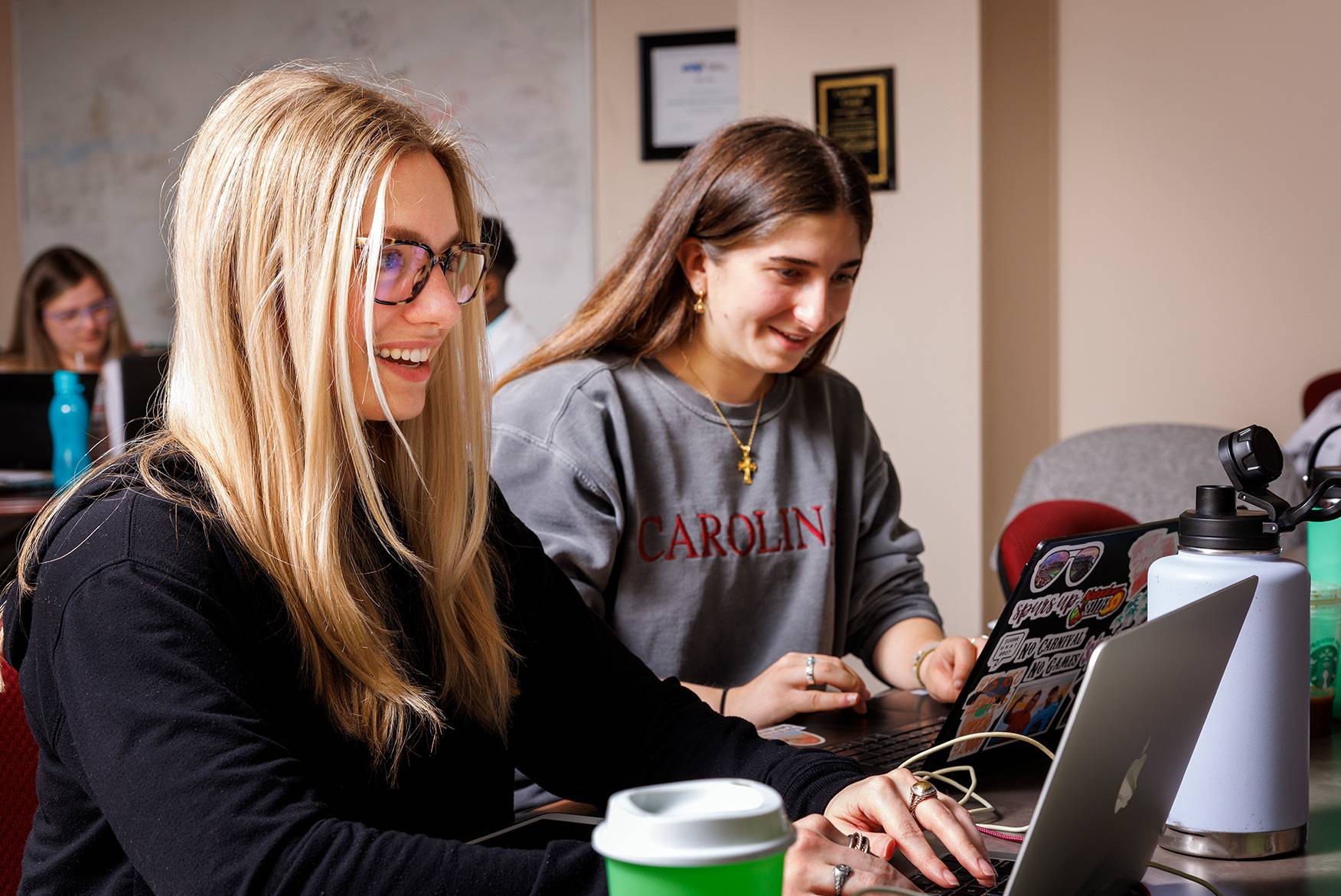 Students on laptops in lounge